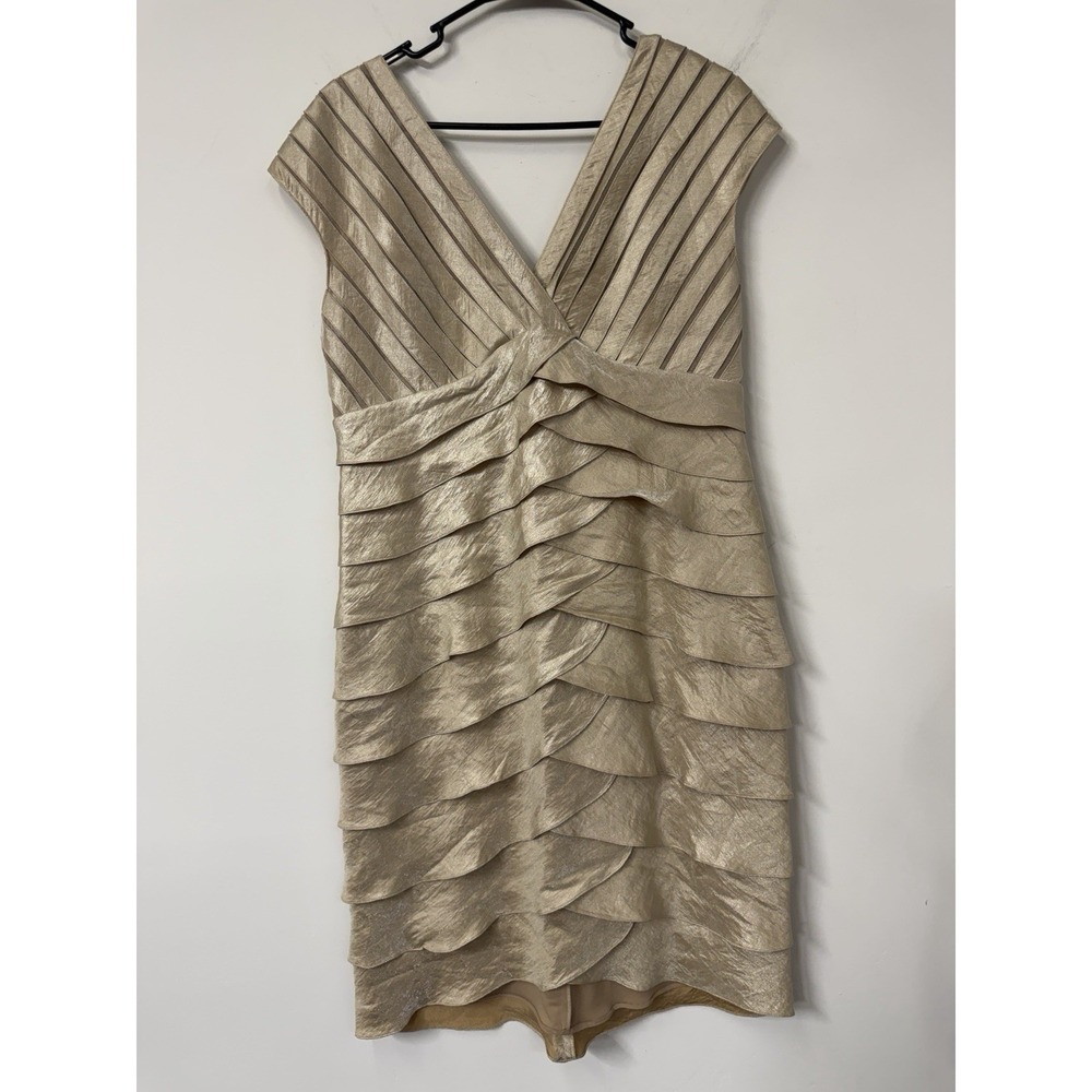 Adrianna Papell Women's 14 Gold Dress Tiered Ruffle Sheath Cocktail Party